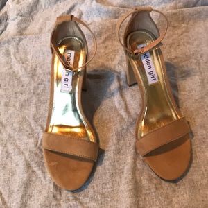 Tan block heels with ankle strap